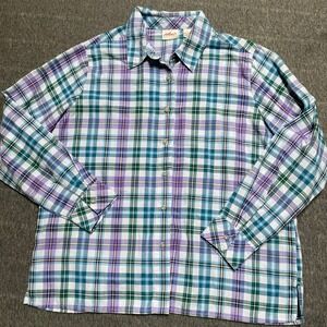 Chic Comfort Collection Womens Purple Teal Green Plaid Button Down Shirt Large